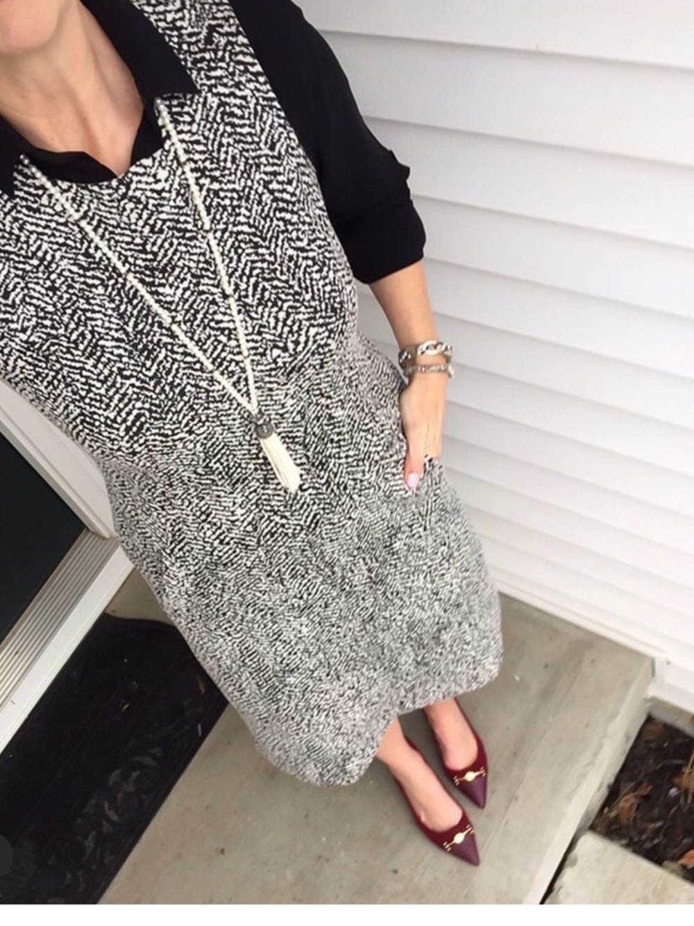 Lands End Sleeveless Black & White Herringbone Midi Dress Sz 10T